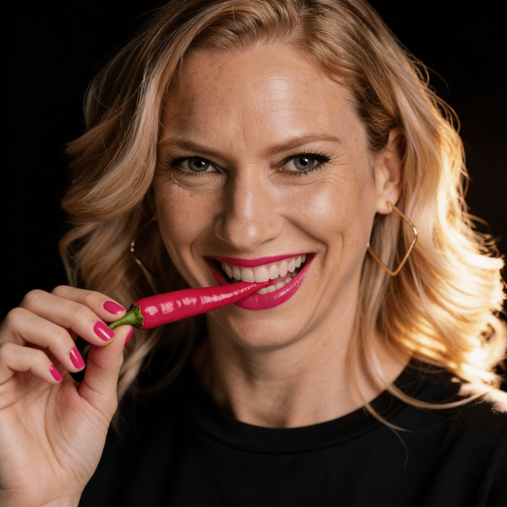 Nadine biting a chilli pepper — building spice tolerance